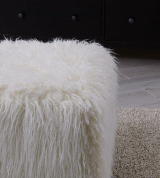 Isabella Heavy Shaggy Faux Sheepskin Cube Stool- White