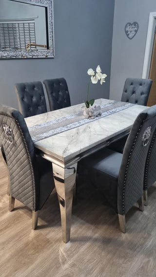 Asmara 150cm Marble Table with Slim Quilted Lion Knockerback Chairs