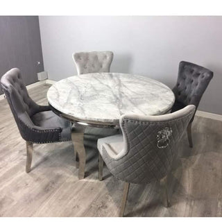 Asmara 130cm Round Marble Table with 4 Quilted Lion Knocker Dining Chairs