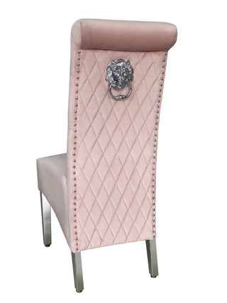 Louis Pink Colour Chrome Leg Lion Knocker Dining Chair