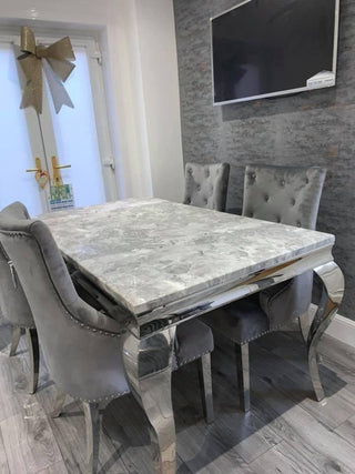 Asmara 150cm Marble Table with Ring Knocker Back Dining Chairs